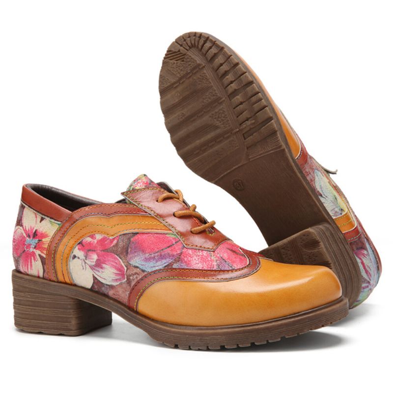 Socofy Cuir Véritable Rétro Floral Lace-up Confortable Bout Rond Oxfords Talons