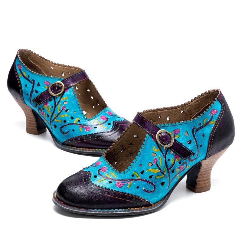 Socofy Cuir Véritable Rétro Mode Floral Colorblock Confortable Respirant Creux Mary Jane Talons