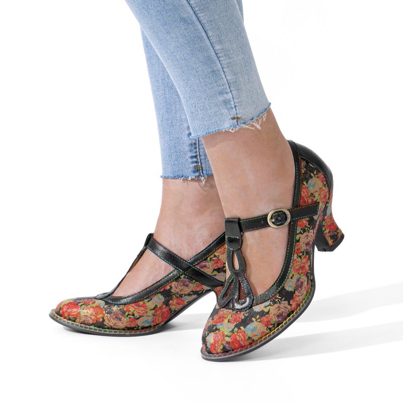 Socofy Cuir Véritable Rétro Mode Floral Confortable T-sangle Talons