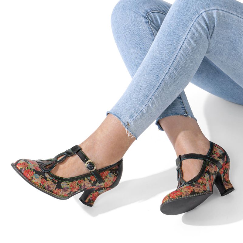 Socofy Cuir Véritable Rétro Mode Floral Confortable T-sangle Talons