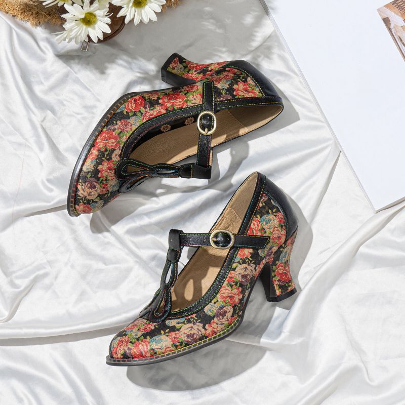 Socofy Cuir Véritable Rétro Mode Floral Confortable T-sangle Talons