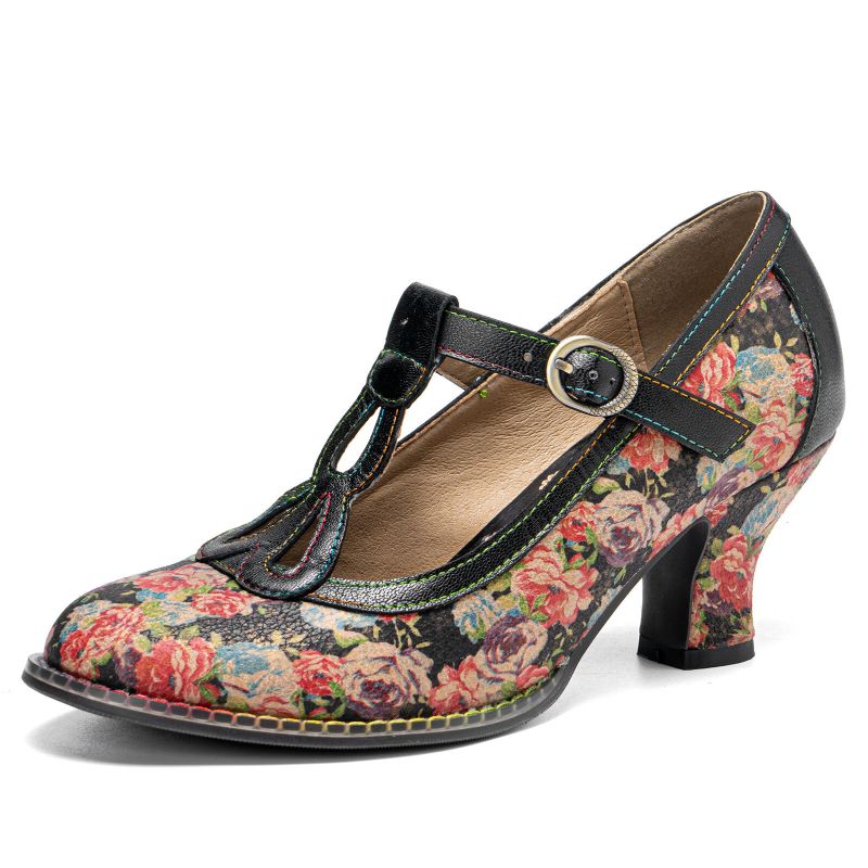 Socofy Cuir Véritable Rétro Mode Floral Confortable T-sangle Talons