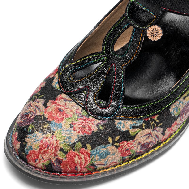 Socofy Cuir Véritable Rétro Mode Floral Confortable T-sangle Talons