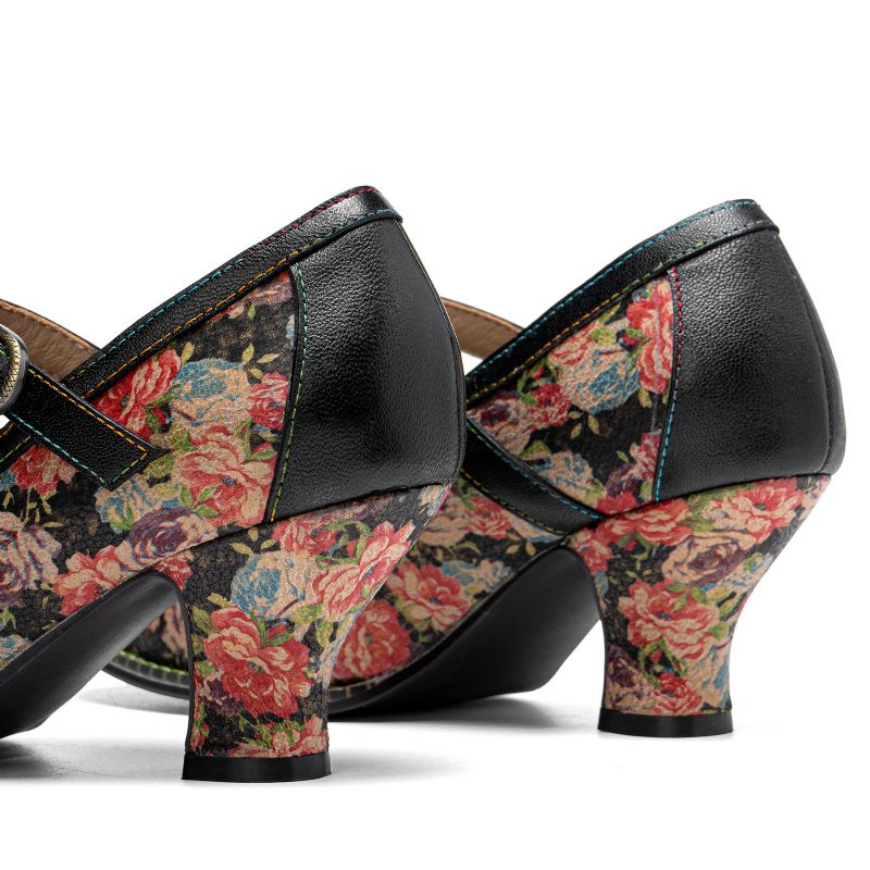 Socofy Cuir Véritable Rétro Mode Floral Confortable T-sangle Talons