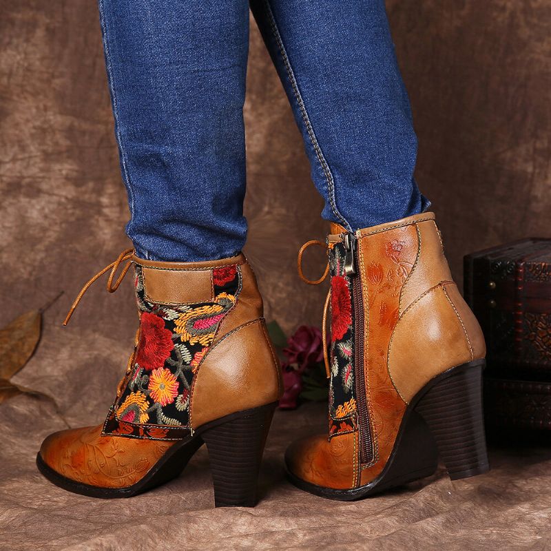 Socofy Élégant Broderie Florale Épissage Fermeture Éclair Réglable Doublure Chaude Bottines Talon Empilé