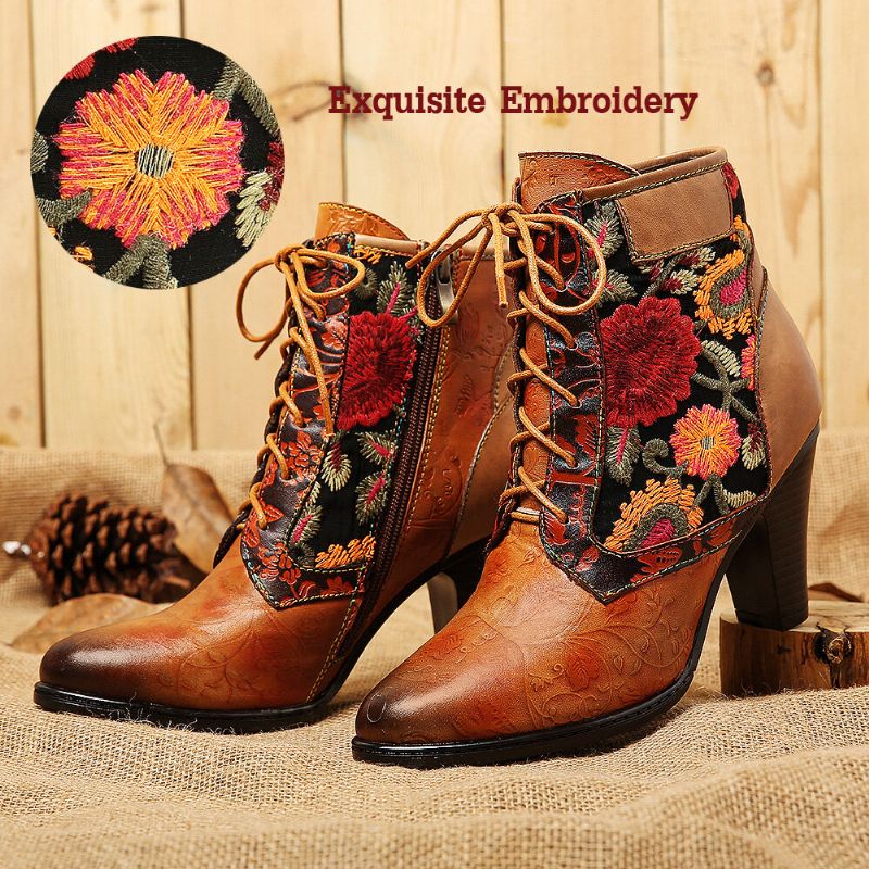 Socofy Élégant Broderie Florale Épissage Fermeture Éclair Réglable Doublure Chaude Bottines Talon Empilé