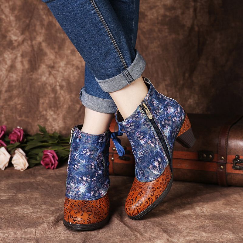 Socofy Elegant Splicing Floral Print Shoelace Deco Stacked High Heel Warm Lined Zipper Bottines