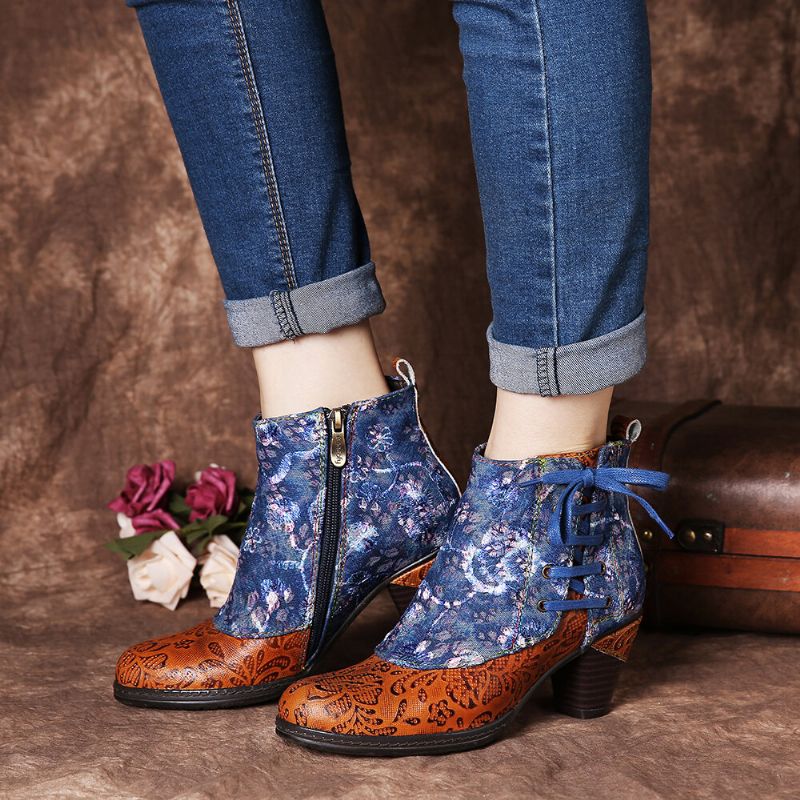 Socofy Elegant Splicing Floral Print Shoelace Deco Stacked High Heel Warm Lined Zipper Bottines