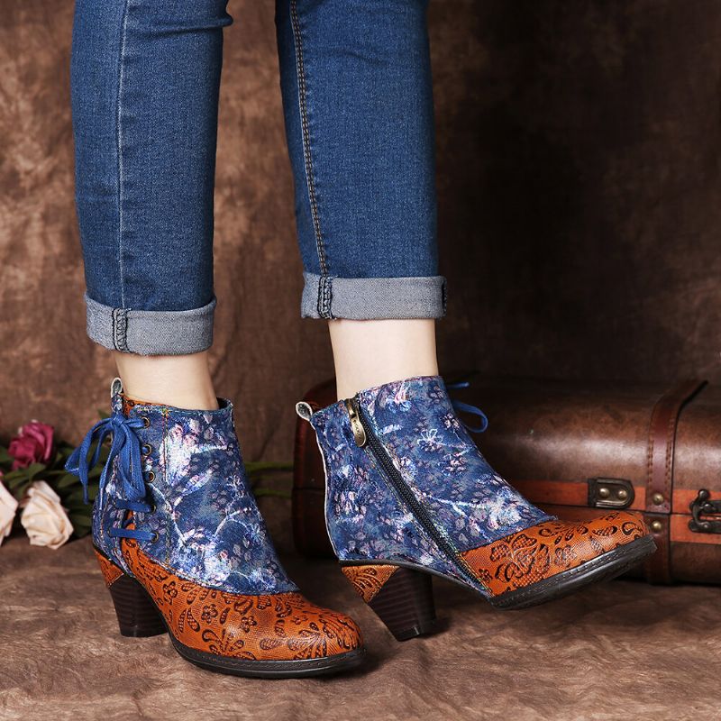 Socofy Elegant Splicing Floral Print Shoelace Deco Stacked High Heel Warm Lined Zipper Bottines