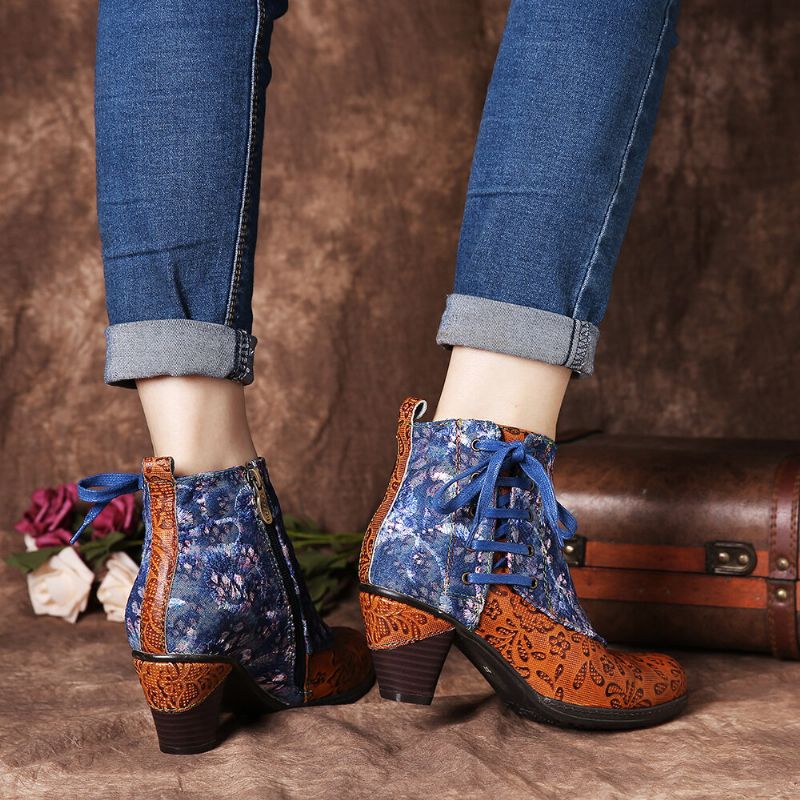 Socofy Elegant Splicing Floral Print Shoelace Deco Stacked High Heel Warm Lined Zipper Bottines