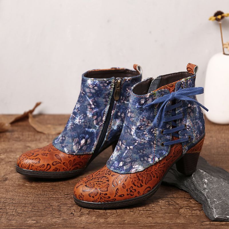 Socofy Elegant Splicing Floral Print Shoelace Deco Stacked High Heel Warm Lined Zipper Bottines