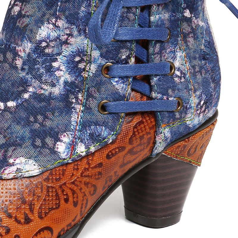 Socofy Elegant Splicing Floral Print Shoelace Deco Stacked High Heel Warm Lined Zipper Bottines