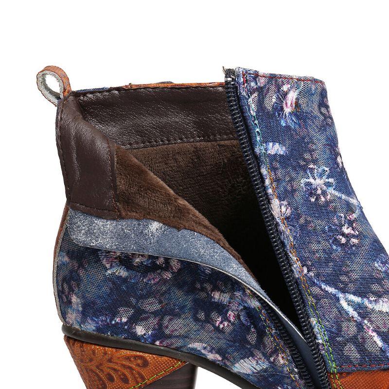 Socofy Elegant Splicing Floral Print Shoelace Deco Stacked High Heel Warm Lined Zipper Bottines