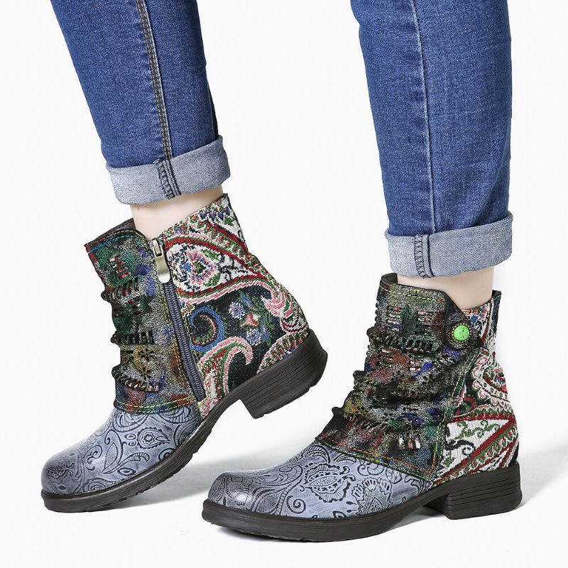 Socofy Élégant Tribal Pattern Splicing Warm Lined Block Heel Zipper Bottines