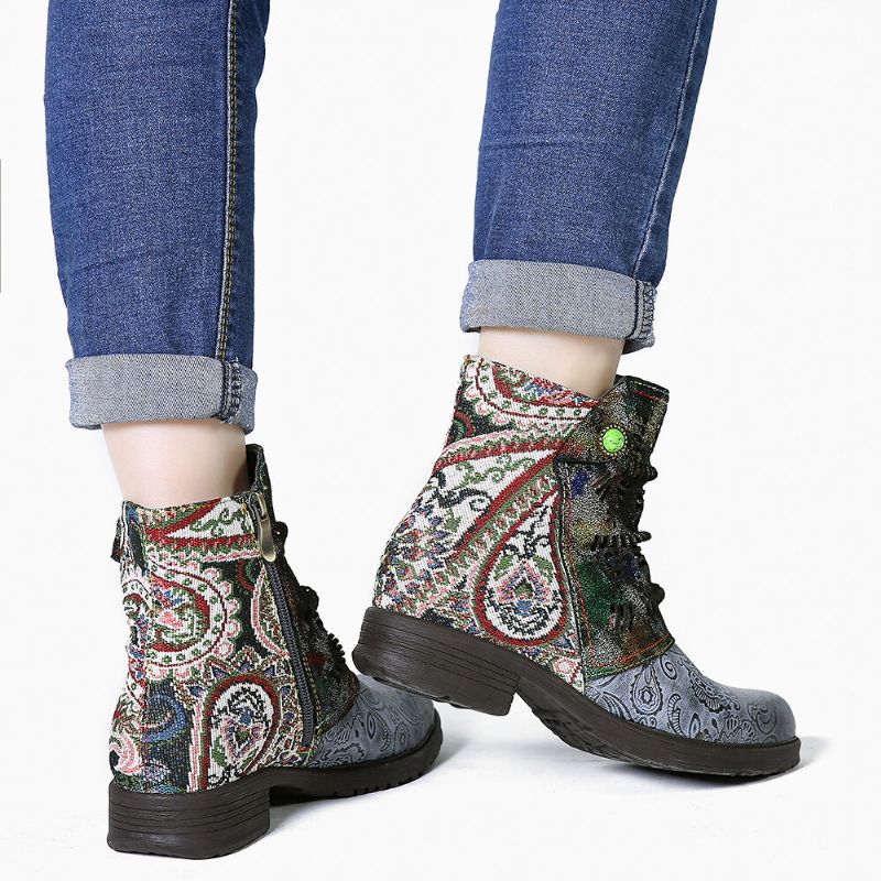 Socofy Élégant Tribal Pattern Splicing Warm Lined Block Heel Zipper Bottines