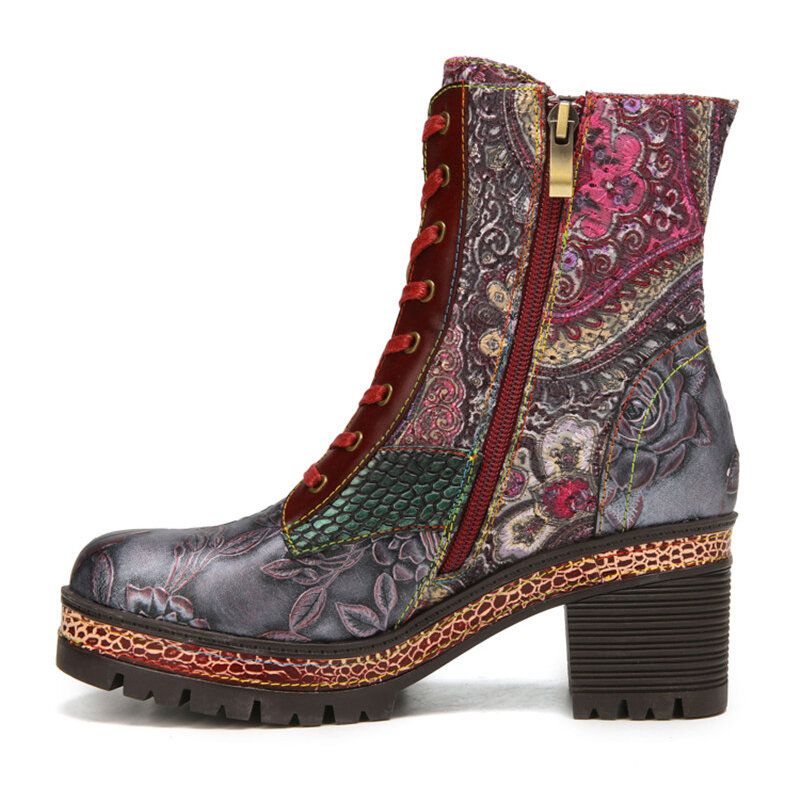 Socofy Embossed Floral Cuir Véritable Broderie Épissage Doublure Chaude Confortable Casual Bout Rond Plateforme Talon Chunky Bottes Courtes