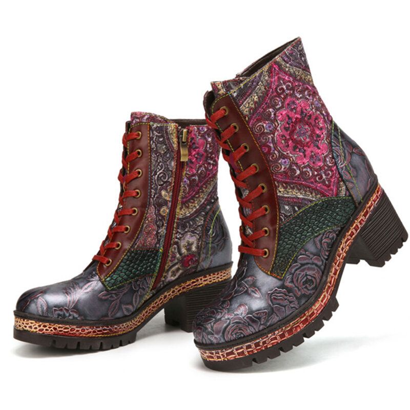 Socofy Embossed Floral Cuir Véritable Broderie Épissage Doublure Chaude Confortable Casual Bout Rond Plateforme Talon Chunky Bottes Courtes