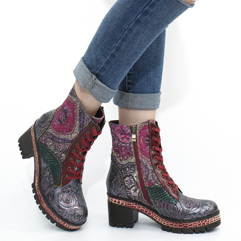 Socofy Embossed Floral Cuir Véritable Broderie Épissage Doublure Chaude Confortable Casual Bout Rond Plateforme Talon Chunky Bottes Courtes