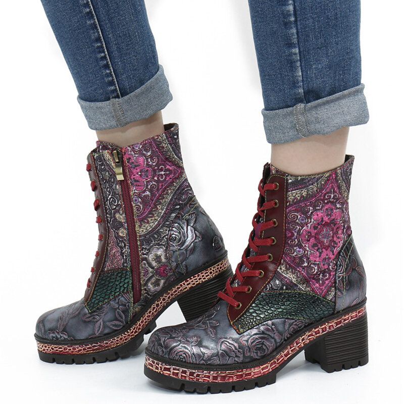 Socofy Embossed Floral Cuir Véritable Broderie Épissage Doublure Chaude Confortable Casual Bout Rond Plateforme Talon Chunky Bottes Courtes