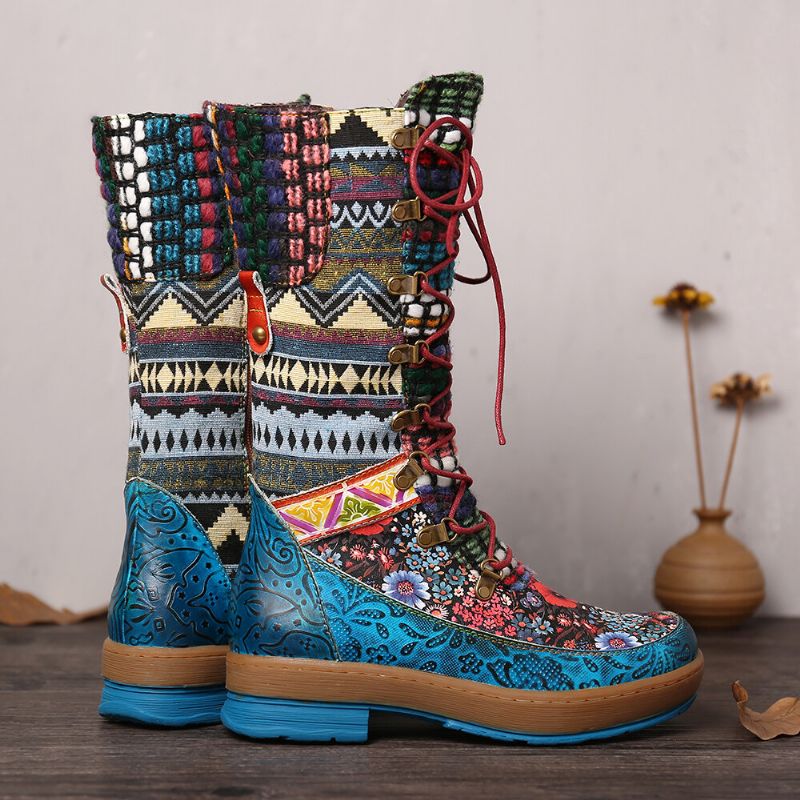 Socofy Embossed Splicing Colorful Wool Round Toe Lace Up Zipper Flat Tall Boots