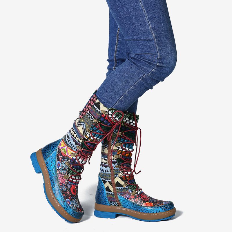 Socofy Embossed Splicing Colorful Wool Round Toe Lace Up Zipper Flat Tall Boots