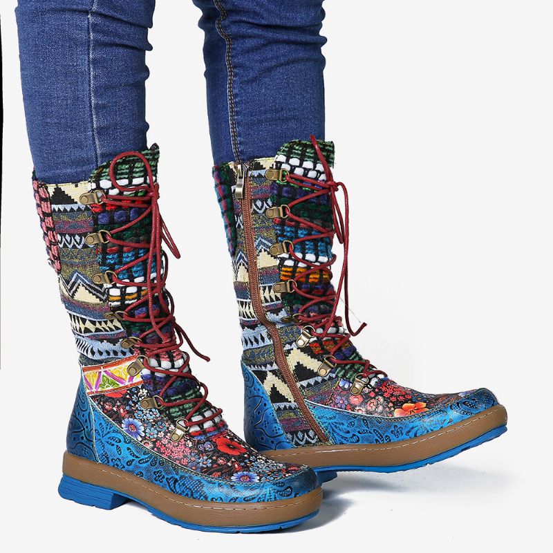 Socofy Embossed Splicing Colorful Wool Round Toe Lace Up Zipper Flat Tall Boots