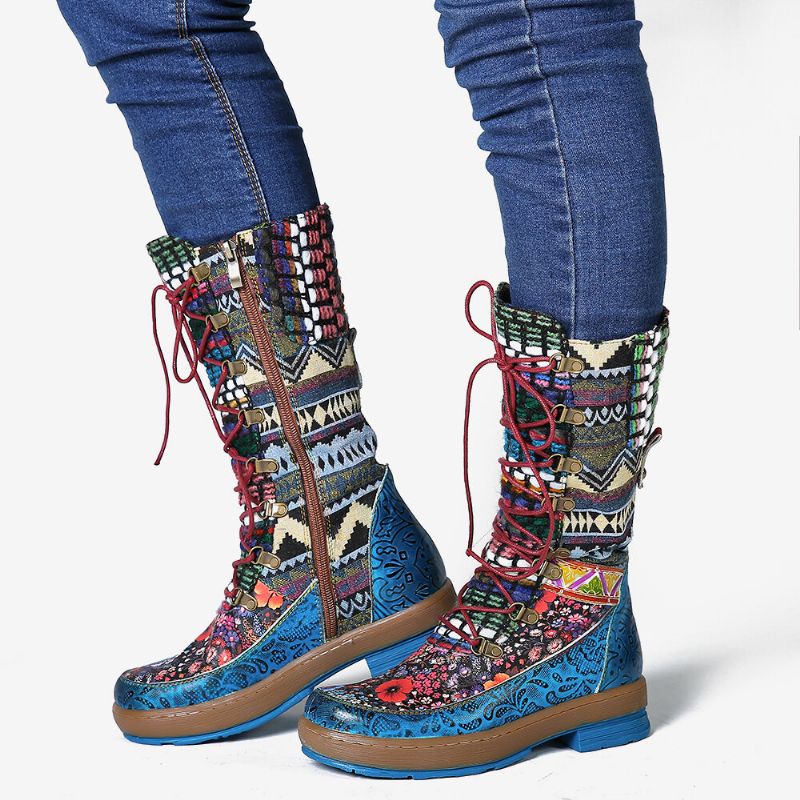 Socofy Embossed Splicing Colorful Wool Round Toe Lace Up Zipper Flat Tall Boots