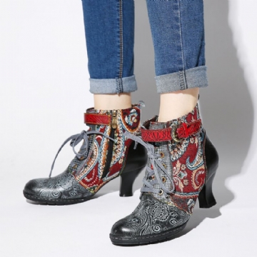 Socofy Embossed Splicing Tribal Pattern Buckle Deco Lace-up Zipper Warm Lined Bottines