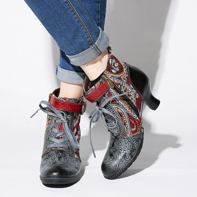 Socofy Embossed Splicing Tribal Pattern Buckle Deco Lace-up Zipper Warm Lined Bottines