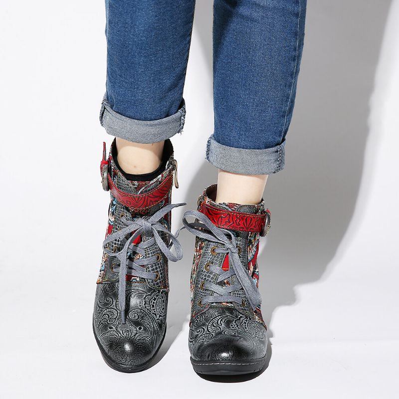 Socofy Embossed Splicing Tribal Pattern Buckle Deco Lace-up Zipper Warm Lined Bottines