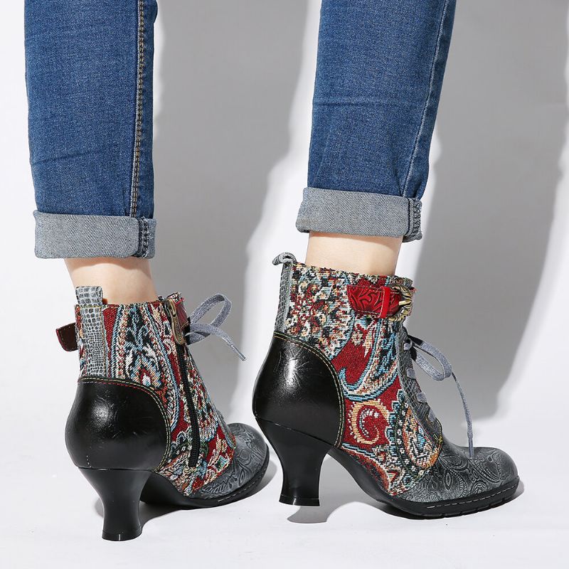 Socofy Embossed Splicing Tribal Pattern Buckle Deco Lace-up Zipper Warm Lined Bottines