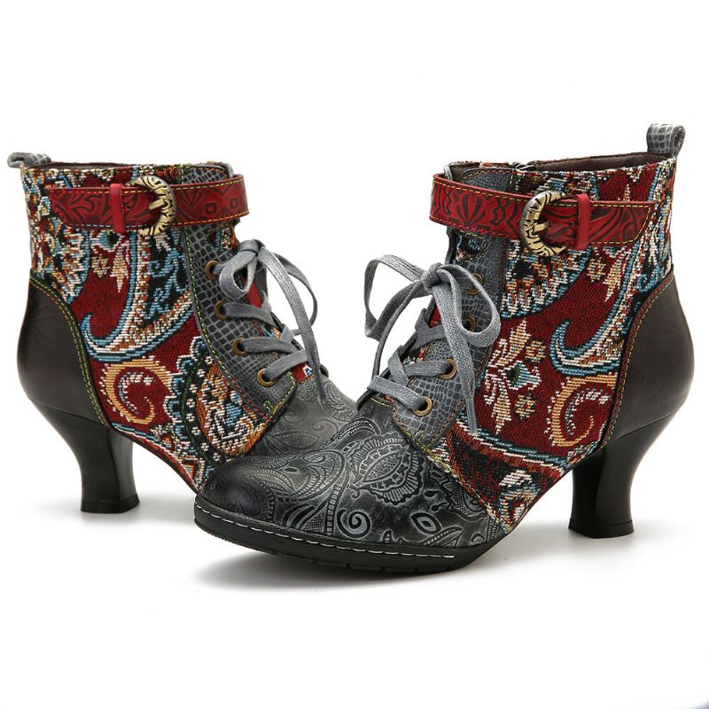 Socofy Embossed Splicing Tribal Pattern Buckle Deco Lace-up Zipper Warm Lined Bottines