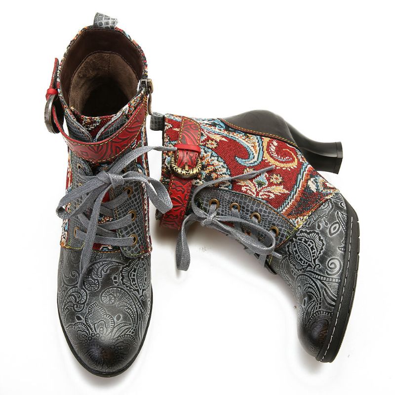 Socofy Embossed Splicing Tribal Pattern Buckle Deco Lace-up Zipper Warm Lined Bottines