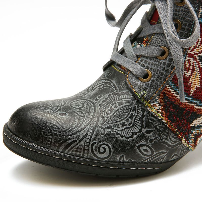 Socofy Embossed Splicing Tribal Pattern Buckle Deco Lace-up Zipper Warm Lined Bottines