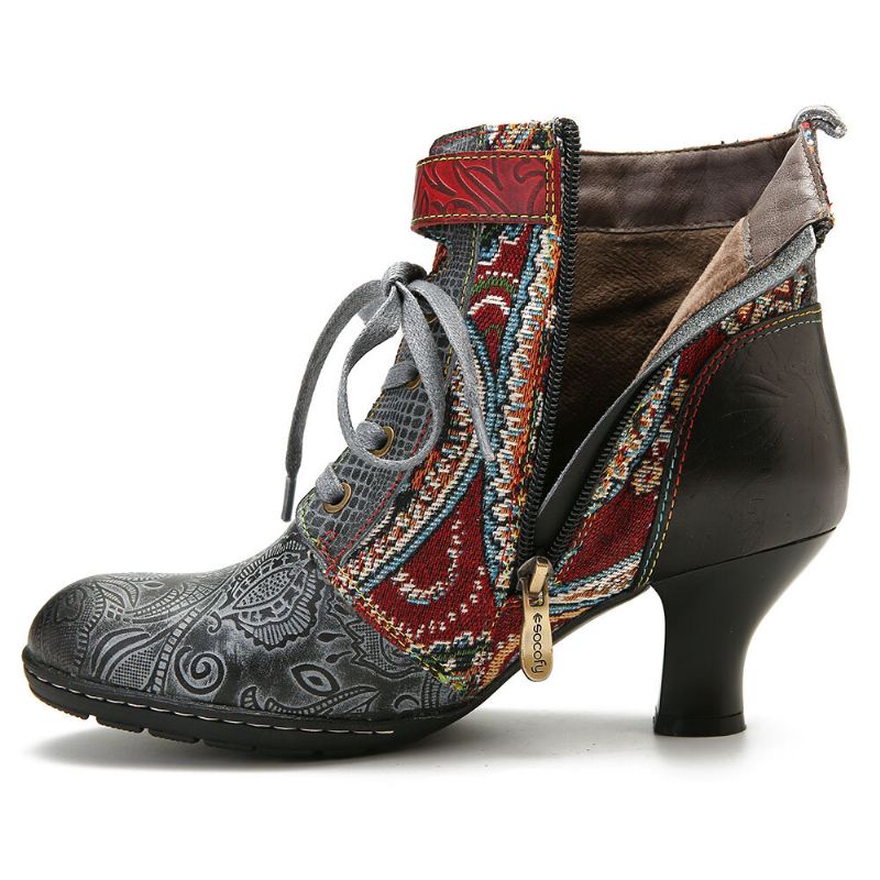 Socofy Embossed Splicing Tribal Pattern Buckle Deco Lace-up Zipper Warm Lined Bottines