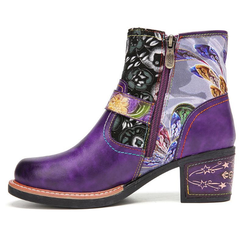 Socofy Épissage En Tissu Floral Élégant Bottines À Talon Épais Portables En Cuir Véritable Confortables