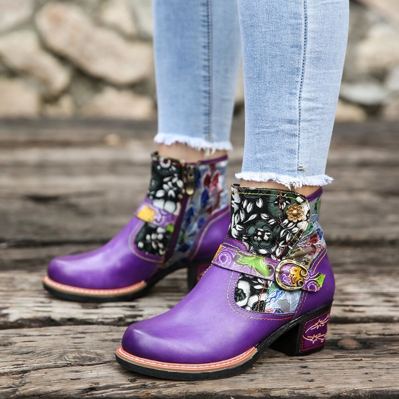 Socofy Épissage En Tissu Floral Élégant Bottines À Talon Épais Portables En Cuir Véritable Confortables