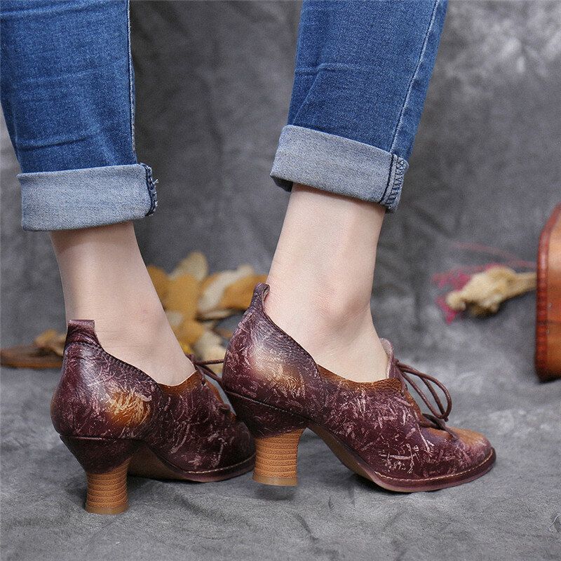 Socofy Escarpins À Lacets En Cuir Véritable À Talons Hauts Rétro