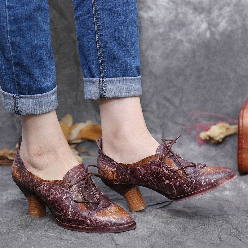 Socofy Escarpins À Lacets En Cuir Véritable À Talons Hauts Rétro