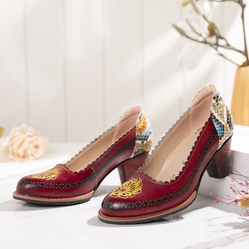 Socofy Escarpins À Talons En Cuir Véritable À Fleurs Rétro