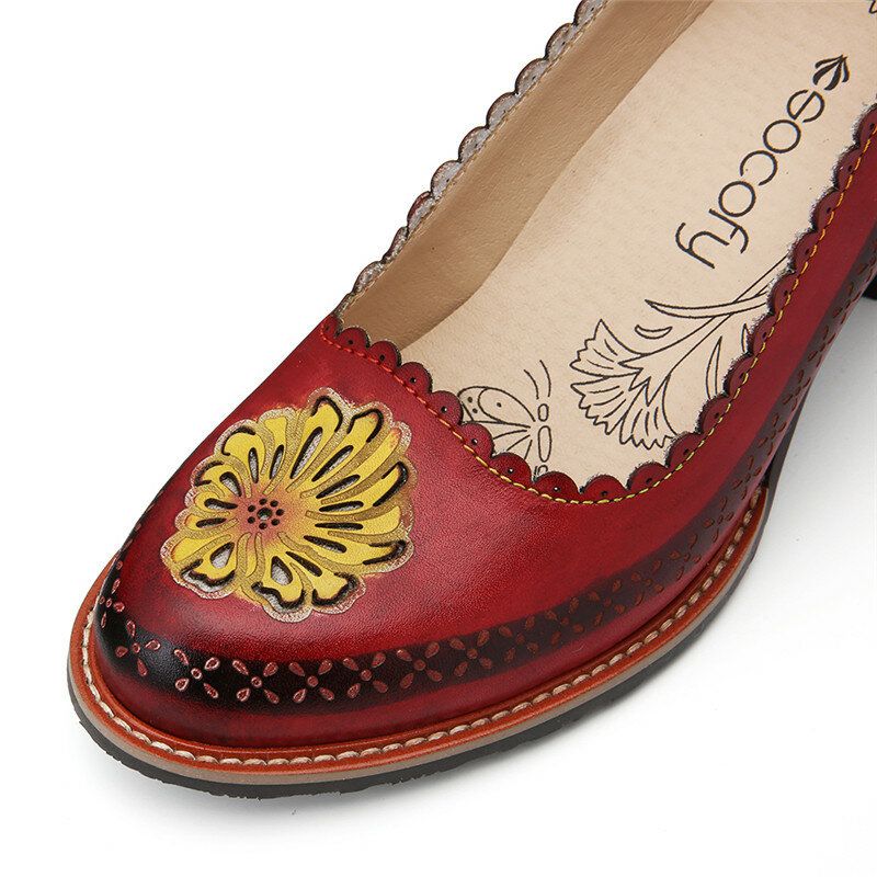 Socofy Escarpins À Talons En Cuir Véritable À Fleurs Rétro