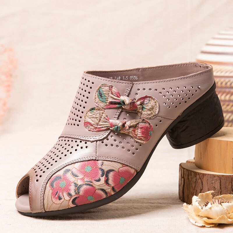 Socofy Ethnic Floral Bowknot Decor Hollow Out Imprimé En Cuir De Vachette Peep Toe Heel Sandas