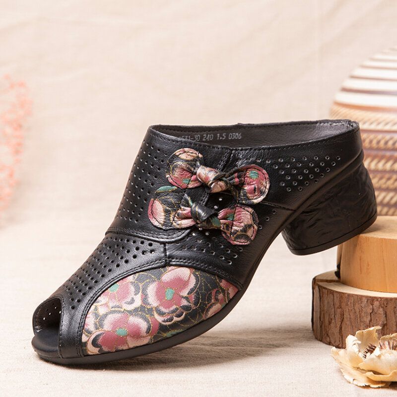 Socofy Ethnic Floral Bowknot Decor Hollow Out Imprimé En Cuir De Vachette Peep Toe Heel Sandas