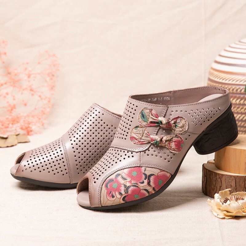 Socofy Ethnic Floral Bowknot Decor Hollow Out Imprimé En Cuir De Vachette Peep Toe Heel Sandas