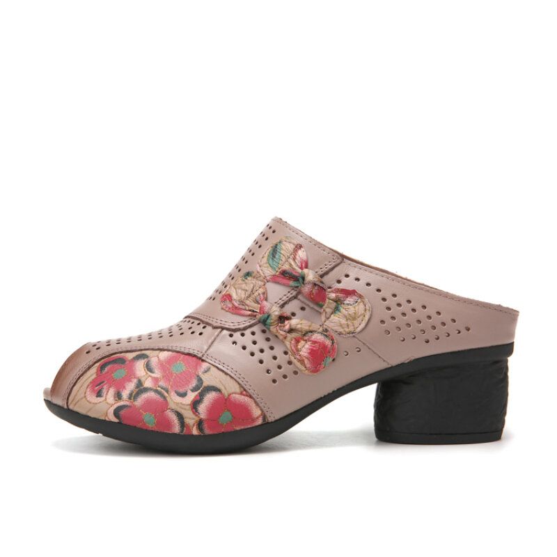 Socofy Ethnic Floral Bowknot Decor Hollow Out Imprimé En Cuir De Vachette Peep Toe Heel Sandas