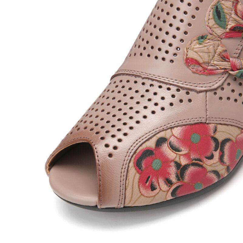 Socofy Ethnic Floral Bowknot Decor Hollow Out Imprimé En Cuir De Vachette Peep Toe Heel Sandas