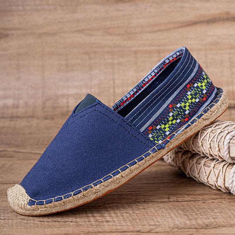 Socofy Ethnic Splicing Coloré Rayé Lin Confortable Respirant Slip On Casual Espadrille Chaussures Plates