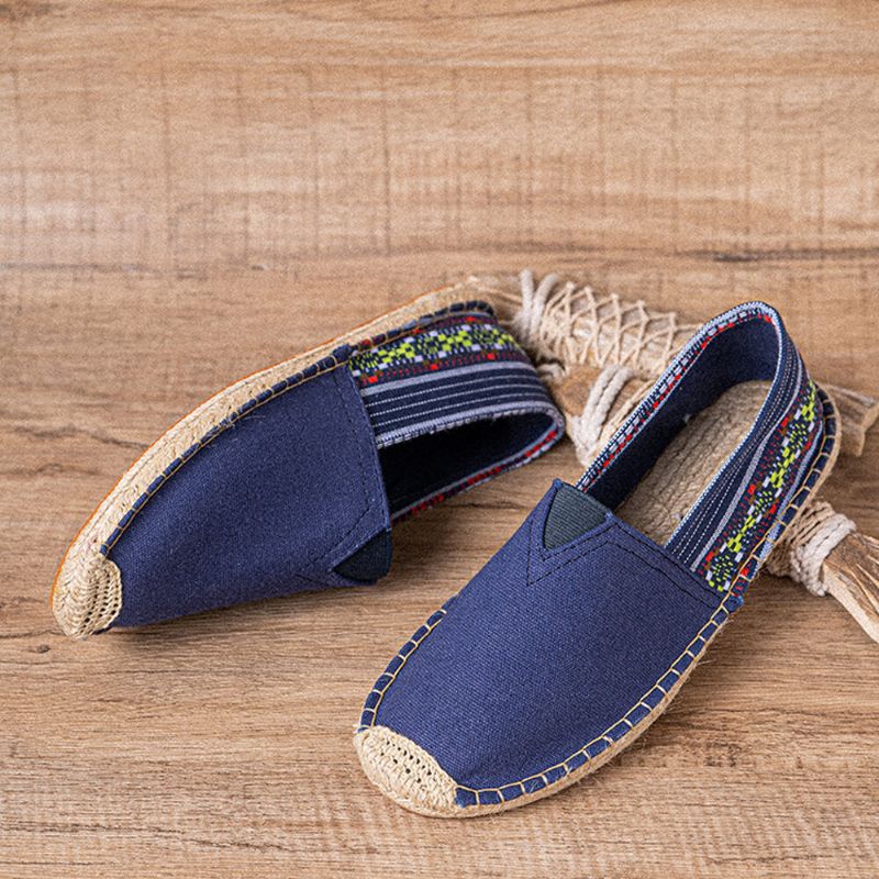 Socofy Ethnic Splicing Coloré Rayé Lin Confortable Respirant Slip On Casual Espadrille Chaussures Plates