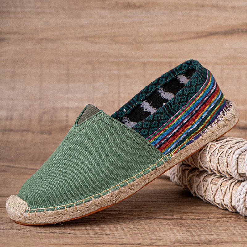 Socofy Ethnic Splicing Coloré Rayé Lin Confortable Respirant Slip On Casual Espadrille Chaussures Plates