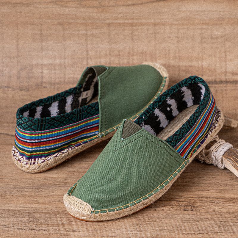 Socofy Ethnic Splicing Coloré Rayé Lin Confortable Respirant Slip On Casual Espadrille Chaussures Plates